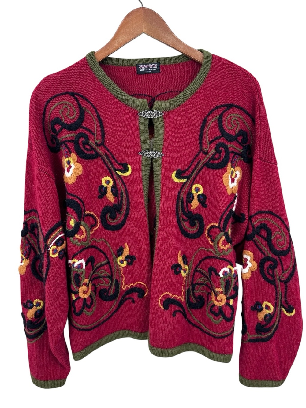 VRIKKE Wool Norwegian Floral Cardigan Sweater Long Sleeve Boxy Red
